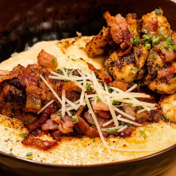Creamy grits with seasoned shrimp, bacon, a fish fillet, shredded cheese, and chives in a dark bowl.