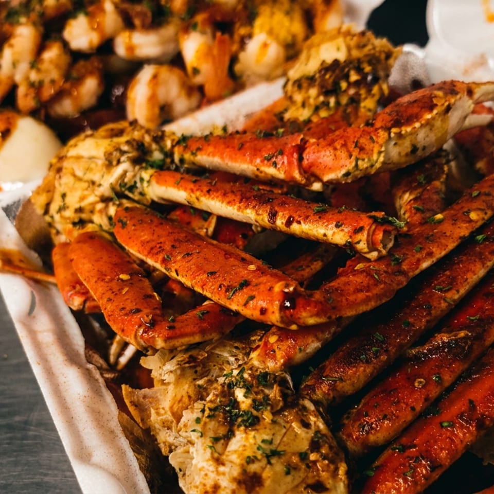 Spicy seasoned crab legs and shrimp in white takeout containers.