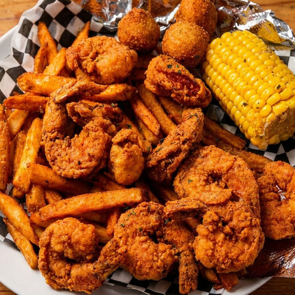 A plate of fried shrimp, hush puppies, french fries, and corn on the cob.