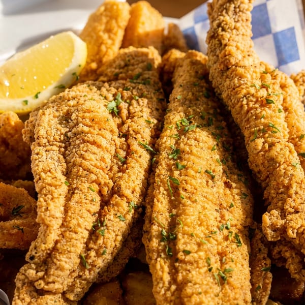 Crispy fried fish fillets and shrimp with a lemon wedge in a Krab Kingz takeout container.
