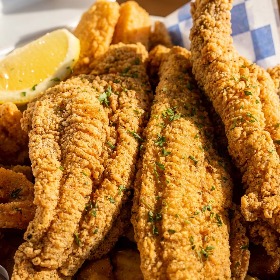 Crispy fried fish fillets and shrimp with a lemon wedge in a Krab Kingz takeout container.
