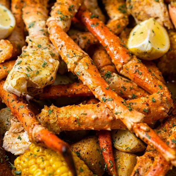 A vibrant seafood boil with seasoned crab legs, corn, potatoes, sausage, and lemon wedges.