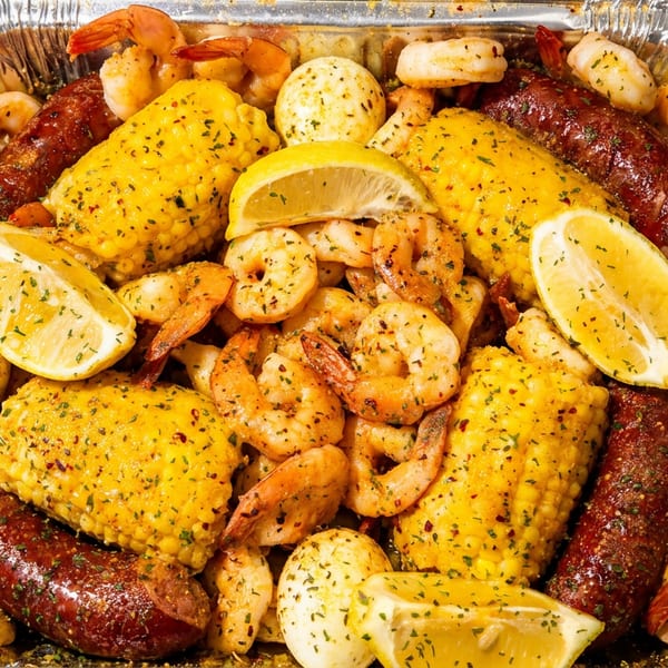 Seasoned shrimp, corn, sausage, and potatoes with lemon in a foil pan.
