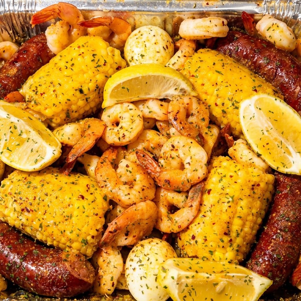 Seasoned shrimp, corn, sausage, and potatoes with lemon in a foil pan.