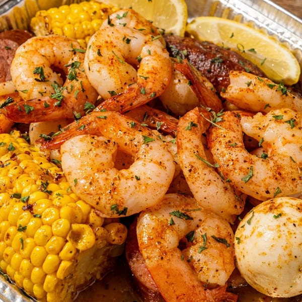 A seafood boil with seasoned shrimp, corn, potatoes, sausage, and lemon in a foil pan.