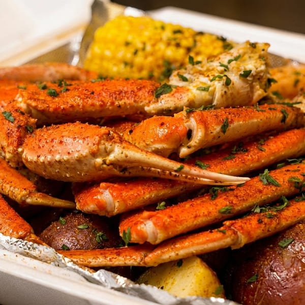 Bright orange seasoned crab legs, corn on the cob, and potatoes in a white takeout container.
