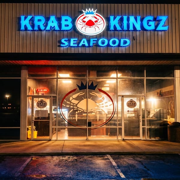 Illuminated Krab Kingz Seafood restaurant storefront at night with a large crab logo on the glass.