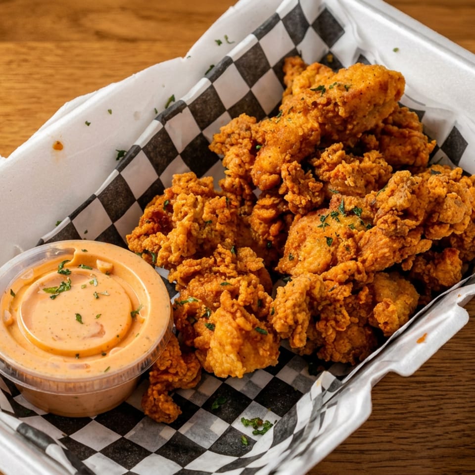 Crispy fried chicken bites with a side of dipping sauce in a takeout container.