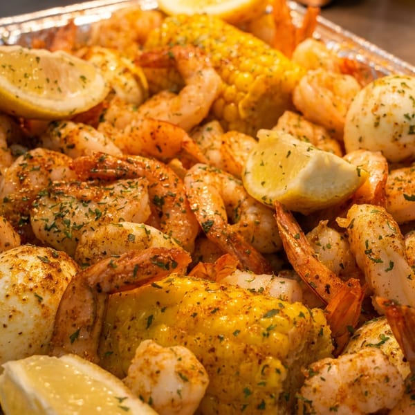 Seasoned shrimp, corn on the cob, boiled eggs, and lemon wedges in a foil tray.